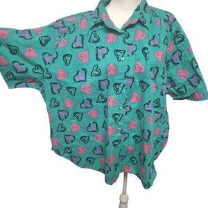 Maggie Lawrence Sport Button Down Shirt Green Heart Vintage Womens 30W 32W 90s